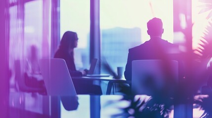 In a contemporary workspace, two professionals engage in meaningful discussions as twilight light casts a colorful glow, enhancing the atmosphere of creativity and collaboration