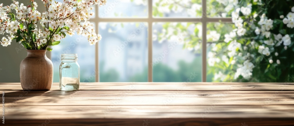 Poster sunlit table with flowers and jar by bright window