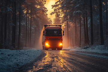 Obraz premium Red truck with headlights on highway surrounded by forest in winter time. Business, commerce, cargo transportation concept. Generated by artificial intelligence