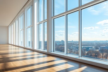 Modern office interior with vast windows offering panoramic city views minimalist design bright atmosphere contemporary style