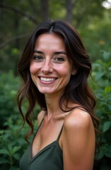 Naklejka premium Beautiful smiling woman enjoying nature in a green forest