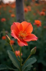 Obraz premium Blooming geum coccineum in a field of flowers: vibrant orange blossom