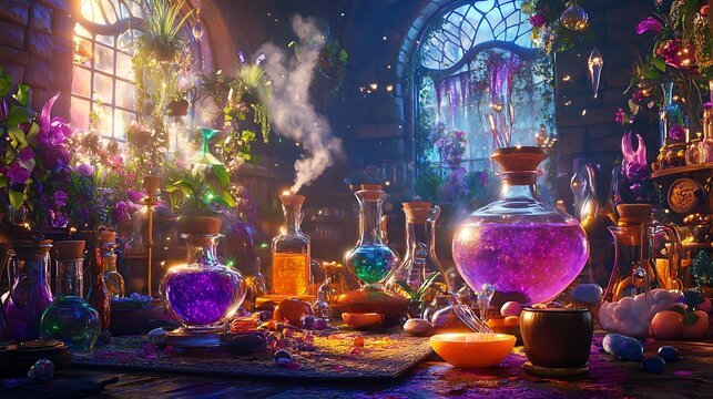 Magical Potion Lab with Glass Bottles and Flowers