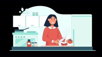 Interactive 2D flat character animation scene featuring cooking techniques and culinary delights, ideal for cooking tutorials, chef showcases, or culinary school promotions.