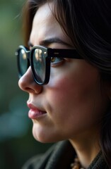 Young woman wearing stylish eyeglasses and looking away pensively