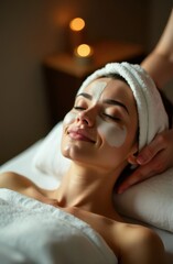 Beautician applying clay mask on woman's face in spa center