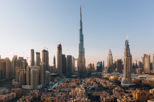 Dubai, United Arab Emirates - 19 February 2022: Aerial view of burj khalifa skyline with modern skyscrapers and beautiful cityscape, Dubai, United Arab Emirates.