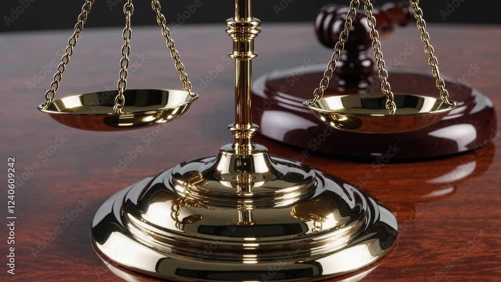 Aufkleber A minimalist composition where the gavel and scale are the sole objects on a stark, uncluttered table, symbolizing the impartiality of the law.