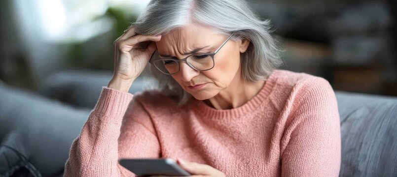 Senior Woman Experiencing Stress While Using Smartphone, Digital Literacy, Tech Anxiety, Bad News