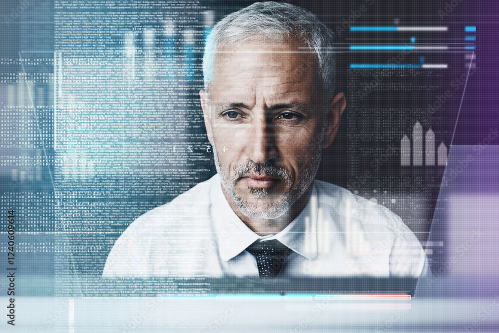 Poster Business man, computer and overlay with code, reading and programming with charts on system at office. Mature person, developer and review for graphs, process and futuristic hologram at IT company