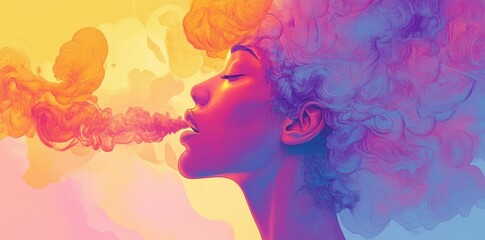 Woman with Colorful Hair Exhaling Vibrant Smoke
