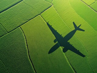 Airplane Shadow over Lush Green Rice Paddies