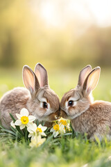 Fototapeta premium Two bunnies with big ears, sitting in a field of grass with some daffodils, easter decoration, spring day, outdoors.