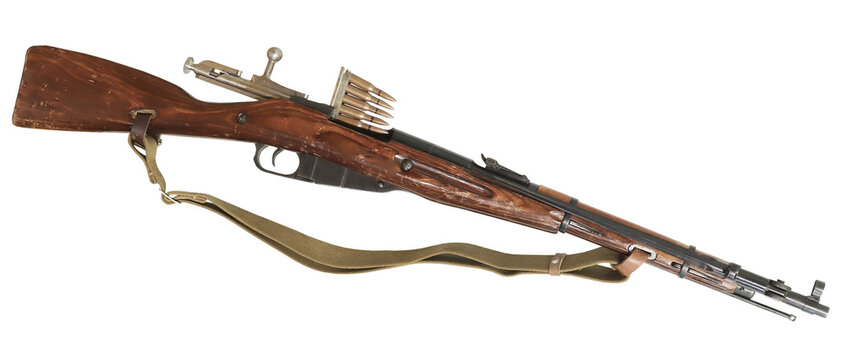 mosin nagant rifle with folding spike bayonet and ammo isolated on transparent background
