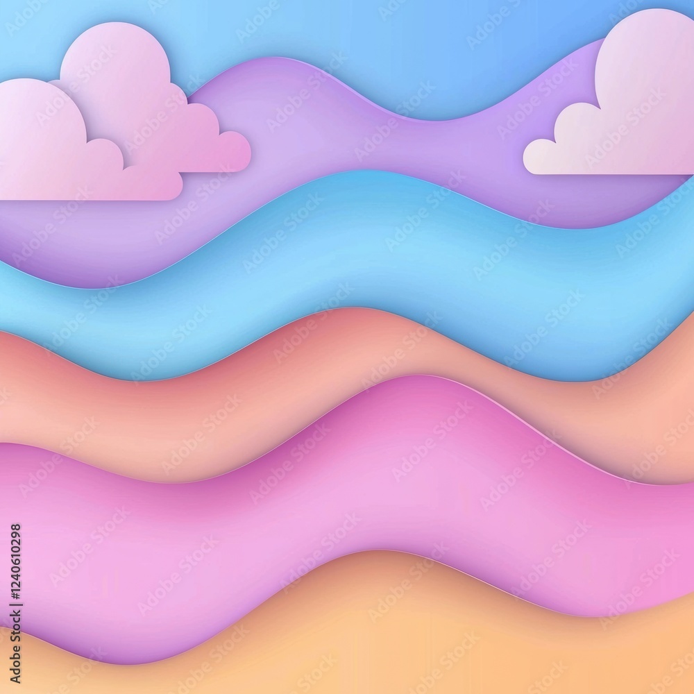 Poster abstract vivid layers of waves and clouds in paper cut style design