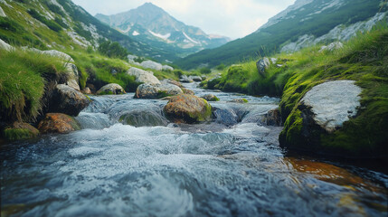 A fast-flowing mountain stream winding through a rocky valley, its clear water sparkling under the sunlight. Moss-covered stones line the banks, and the sound of rushing water fills the air