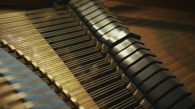 Close-up of Grand piano dampers and hammers action on strings as keys played