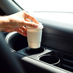 Hand Placing Coffee Cup in Car Cup Holder