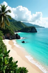 Tropical beach with turquoise water and white sand meeting lush vegetation and mountains in a sunny summer day