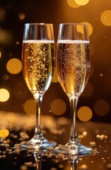 Two flutes overflowing with sparkling champagne celebrating new year's eve