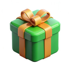 Vibrant green gift box with orange ribbon on white background in 3D illustration for festive celebration