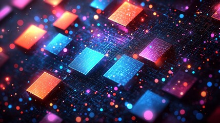 A design featuring purple and white rotating circles set against a light background of computer abstraction, moving in diverse directions