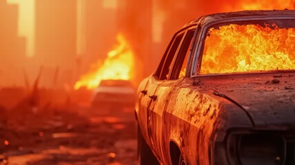 A fiery scene with burning cars and a smoky, apocalyptic background, depicting destruction and chaos in a once-vibrant urban environment.