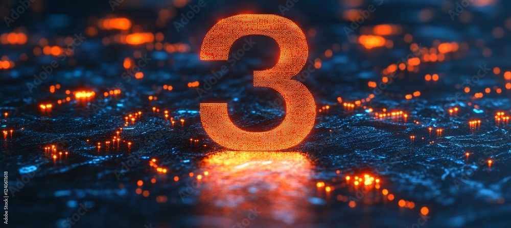 Poster glowing digital number three on shiny abstract surface with particle effects background