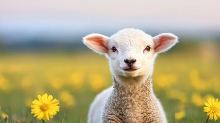 Fototapeta premium Lamb in yellow flower field, springtime pasture