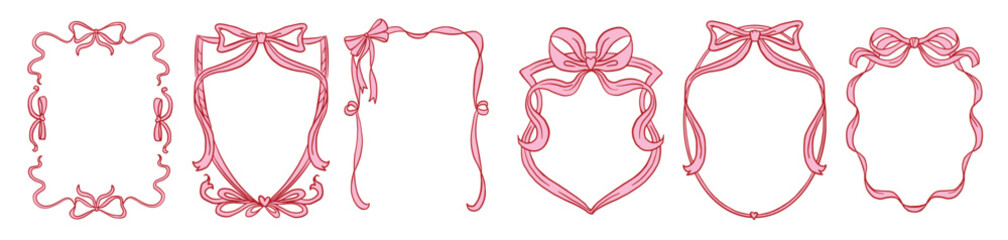 Frames with bow and ribbons. Hand drawn pink coquette borders for wedding invitation, Valentine's day. Whimsical frames for birthday card, menu design and holiday graphic decoration.