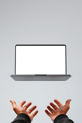 Floating Laptop Mockup Hands Reaching for Blank Screen