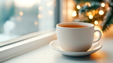 Obraz premium A cozy cup of tea sits on a saucer by a window, with twinkling holiday lights softly glowing in the background.