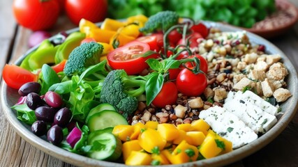 Colorful fresh salad with a variety of vegetables and toppings