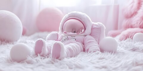 Cute pink astronaut doll lying on a fluffy white rug surrounded by soft pastel spheres in bright light