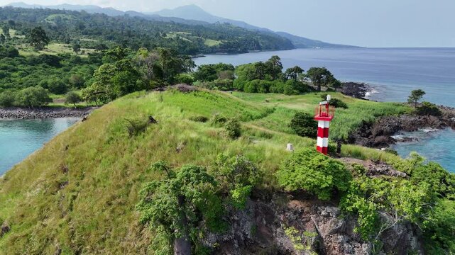 Sao Tome and Principe - Lagoa Azul Aerial View. Stunning Turquoise Waters and Rocky Coastline in a Tropical Island Paradise.