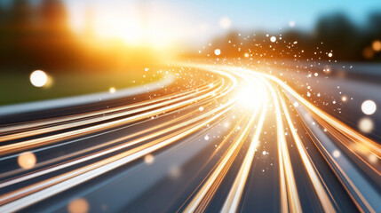 Dynamic light trails on road at sunset, creating sense of speed