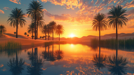 Fototapeta premium A serene desert oasis, with tall palm trees swaying in the breeze, and a crystal-clear lake reflecting the golden dunes around it. The setting sun casts warm orange and pink hues over the sky 