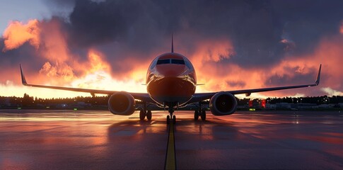At sunrise or sunset, a large jetliner takes off from an airport runway, its landing gear still down.