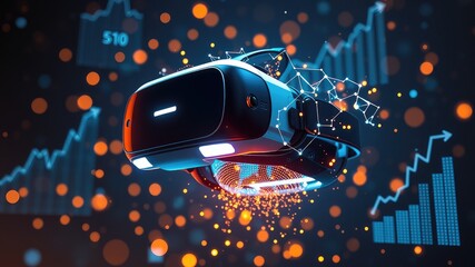Virtual Reality, glowing digital particles, and holographic startup growth charts,