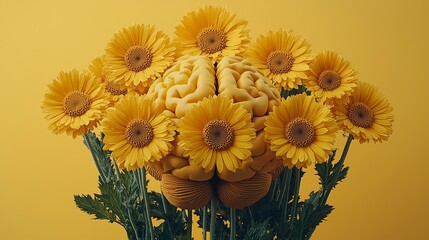 World Mental Health Awareness Day. Human brain and flowers on a yellow background