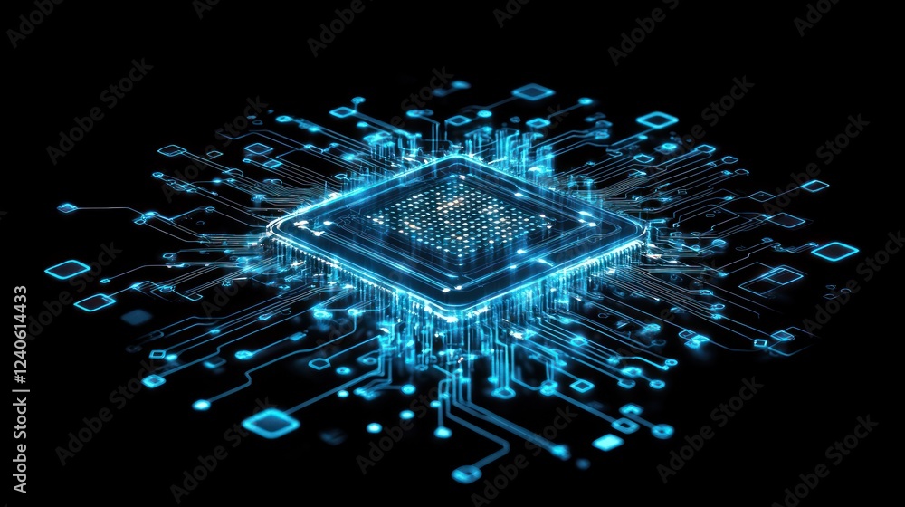 Poster futuristic microchip surrounded by glowing circuits and data