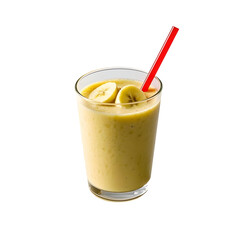Banana smoothie, tall glass, red straw, fresh bananas creamy texture