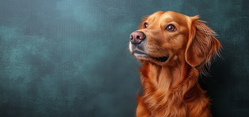 A smiling, joyful golden retriever with its tongue out, captured against a blue backdrop, symbolizing pet care