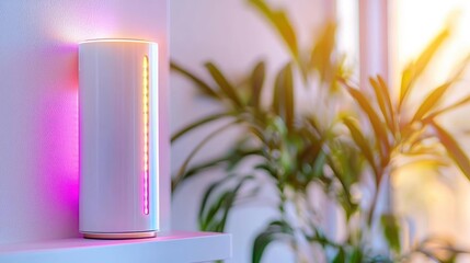 Battery replacement electronics concept. Home energy battery system, sleek futuristic wall-mounted design, glowing status LEDs