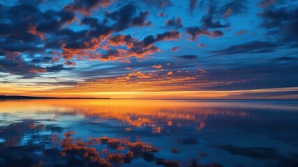 A vibrant sunset reflecting on calm waters with dramatic clouds