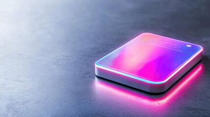 Battery replacement electronics concept. Portable device charging station, glowing holographic interface, sleek minimal background