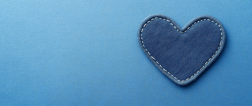 A heart-shaped denim patch sewn onto blue fabric, symbolizing a passion for jeans and fashion. Set against an isolated background, this web banner offers copy space on the right side - Powered by Adobe