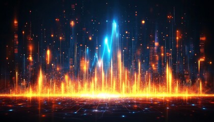 Abstract Cityscape with Blue Graph Line Growth, Technology and Futuristic Business Concept.