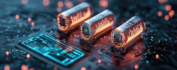 Battery replacement electronics concept. Battery management system, holographic performance data, dark cyberpunk background