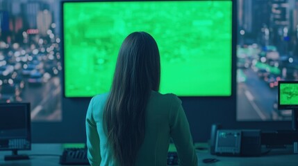 Woman observing a green screen in a high-tech control room